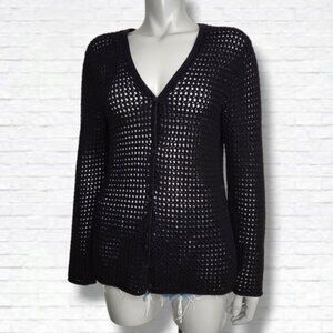 Lauren Ralph Lauren Black Handknit Crochet V Neck Cardigan Size L